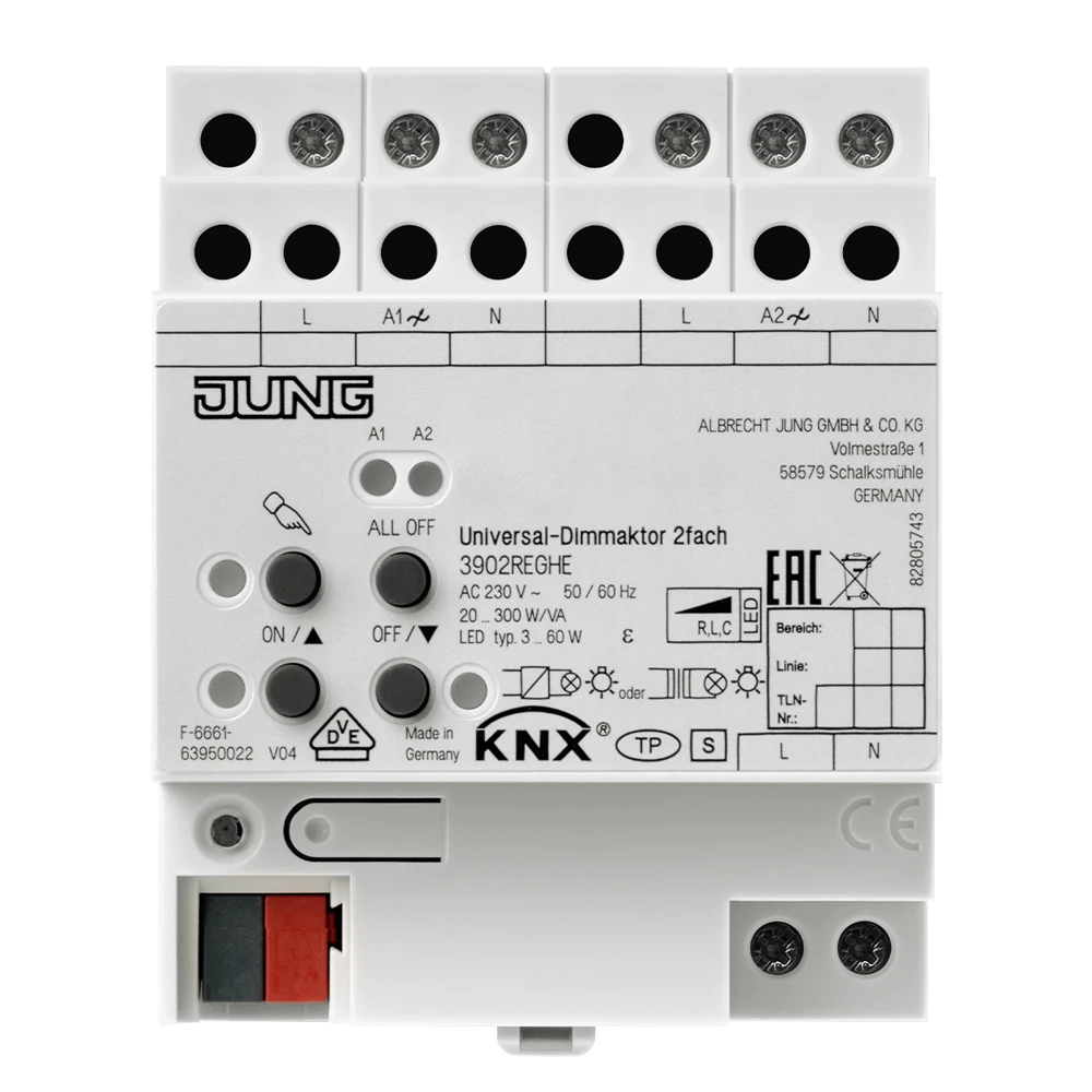 KNX LED universal dimming actuator, 2-gang, rail mounting device, 4 rail units